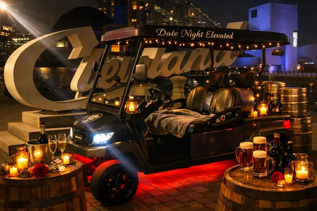 Romantic date night golf cart ride in Cleveland at night